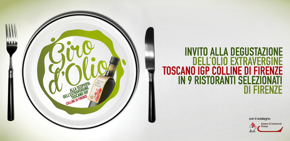 locandina con disegnato un piatto e le posate con l'olio toscano igp